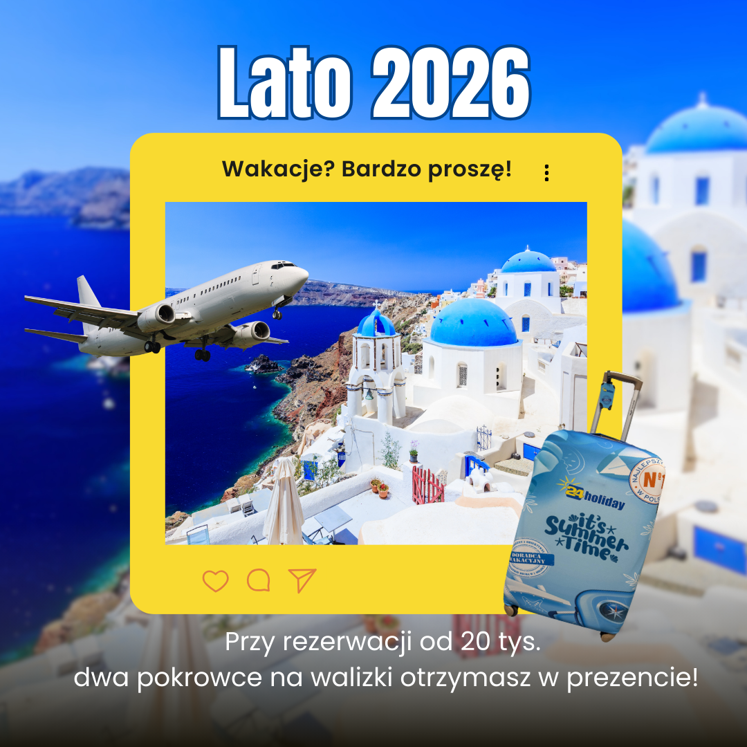 Grafika promocyjna z pokrowcem na walizki w promocji LATO 2026 z 24Holiday.